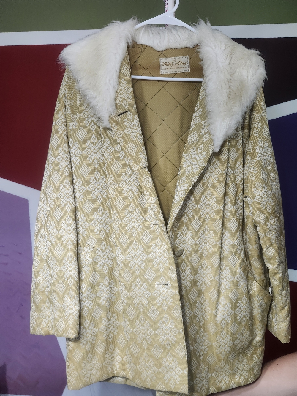 VTG 60s 70s White Stag Gold Geometric Mod Coat Faux Fur Collar M/L